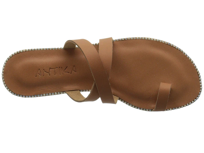 Jerusalem Sandals Sunset Blvd (23) Women's Leather Toe Loop With Swarovski Crystals Tan