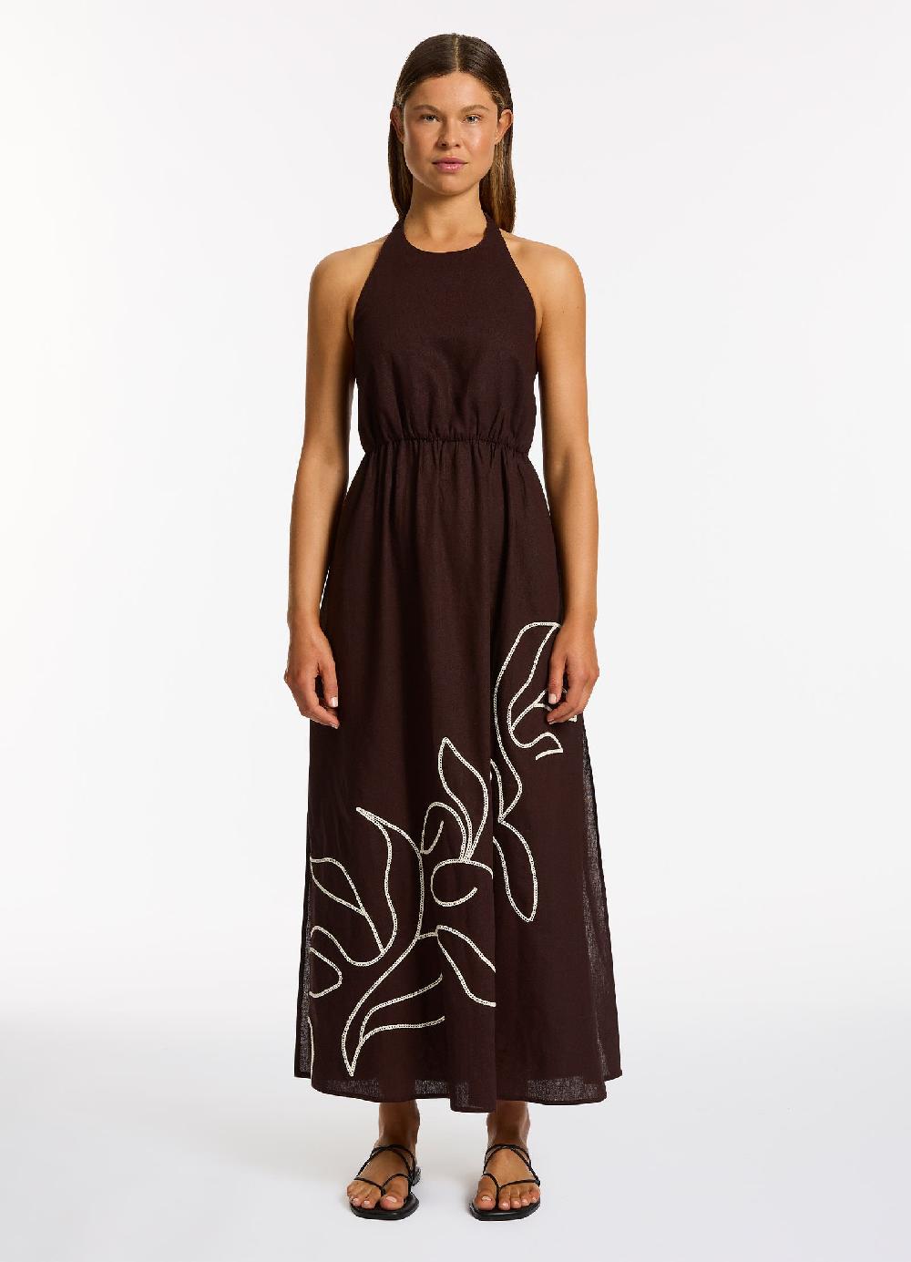 jets australia Dahlia Palm Embroidered Maxi Dress - Chocolate