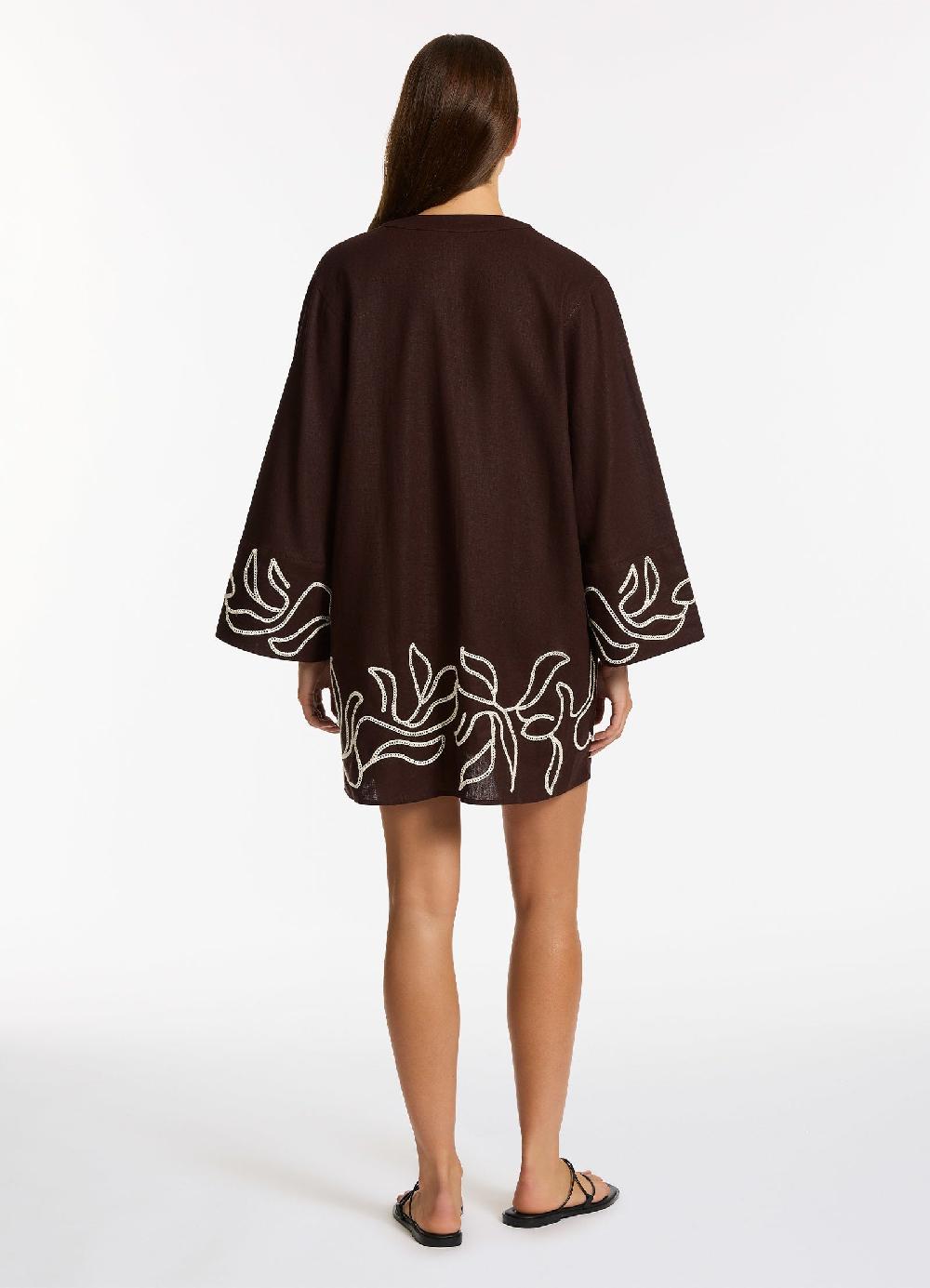 Jets Australia Dahlia Palm Embroidered Mini Kaftan - Chocolate