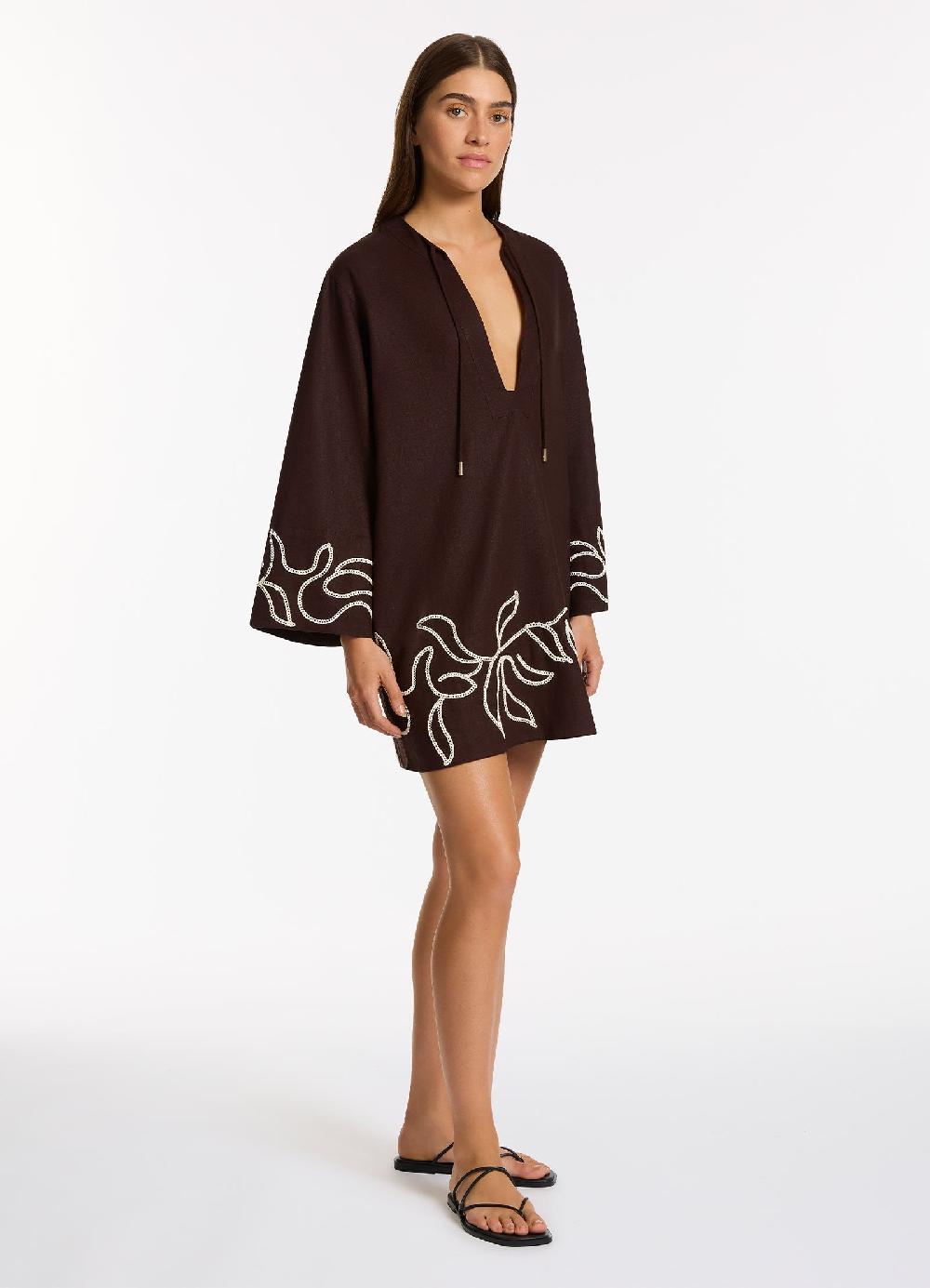 Jets Australia Dahlia Palm Embroidered Mini Kaftan - Chocolate