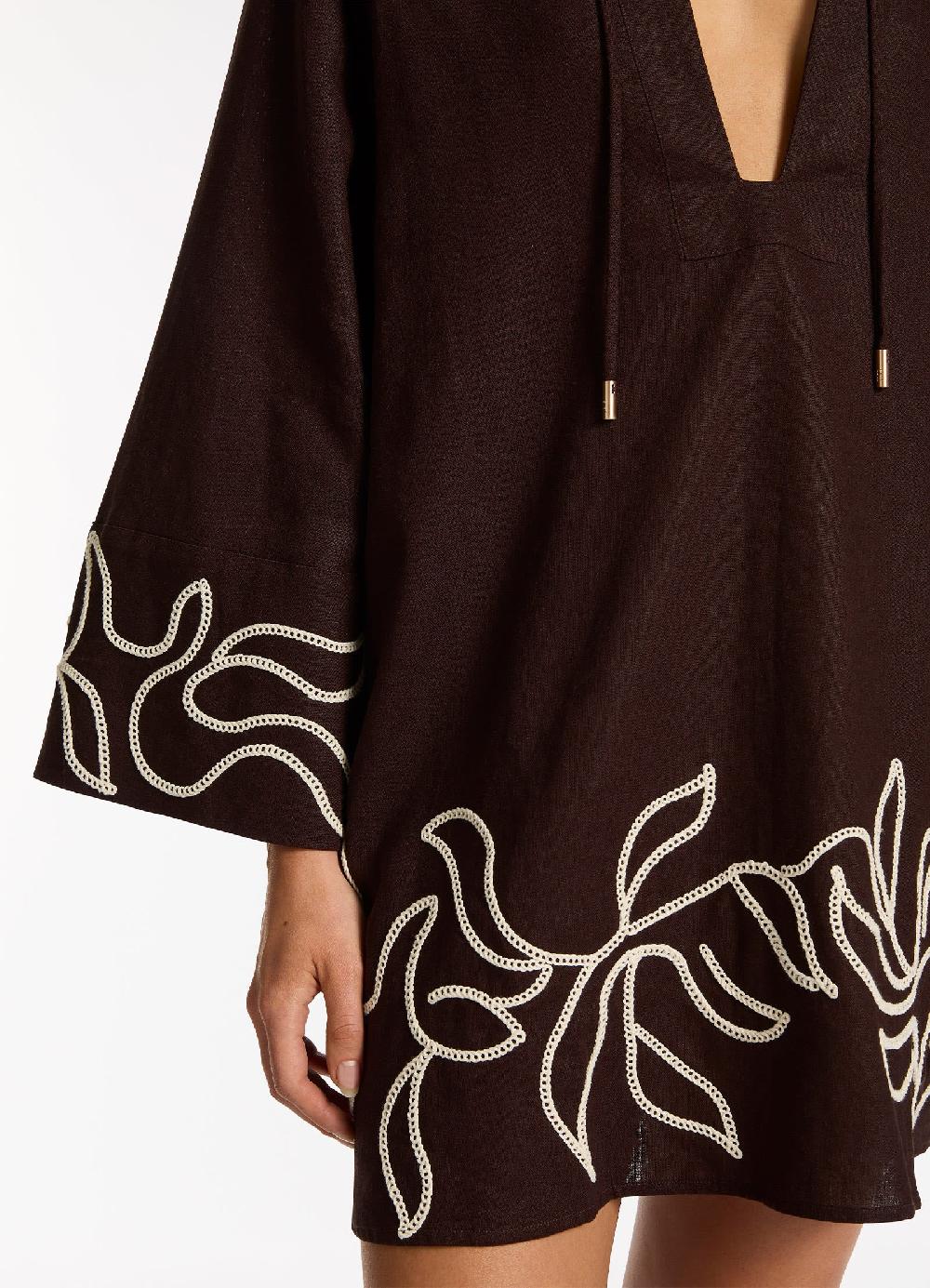 Jets Australia Dahlia Palm Embroidered Mini Kaftan - Chocolate