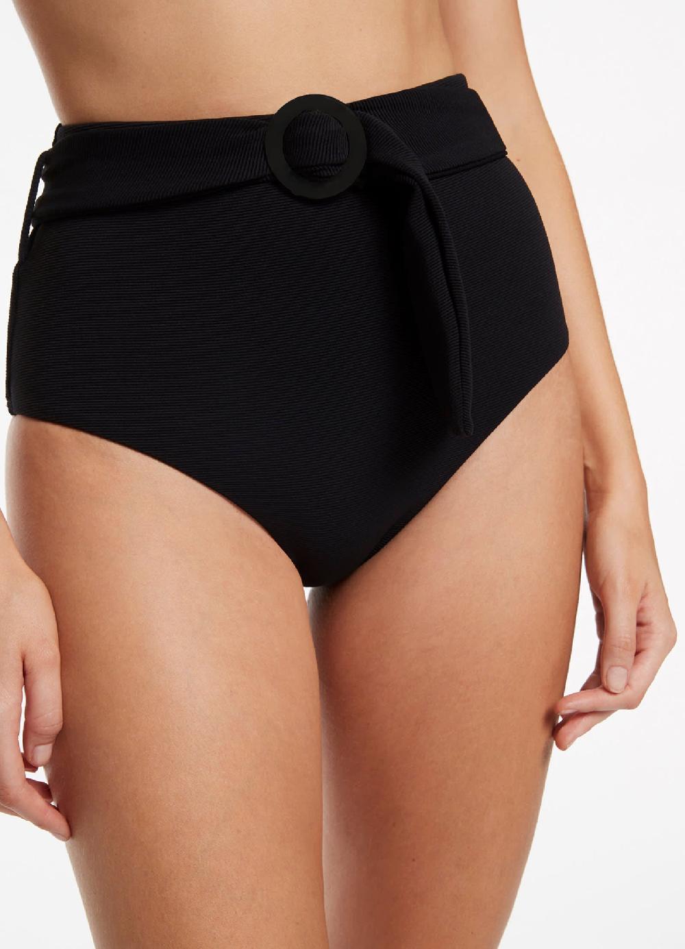 Jets Australia Isla Rib Belted High Waisted Bikini Bottom - Black