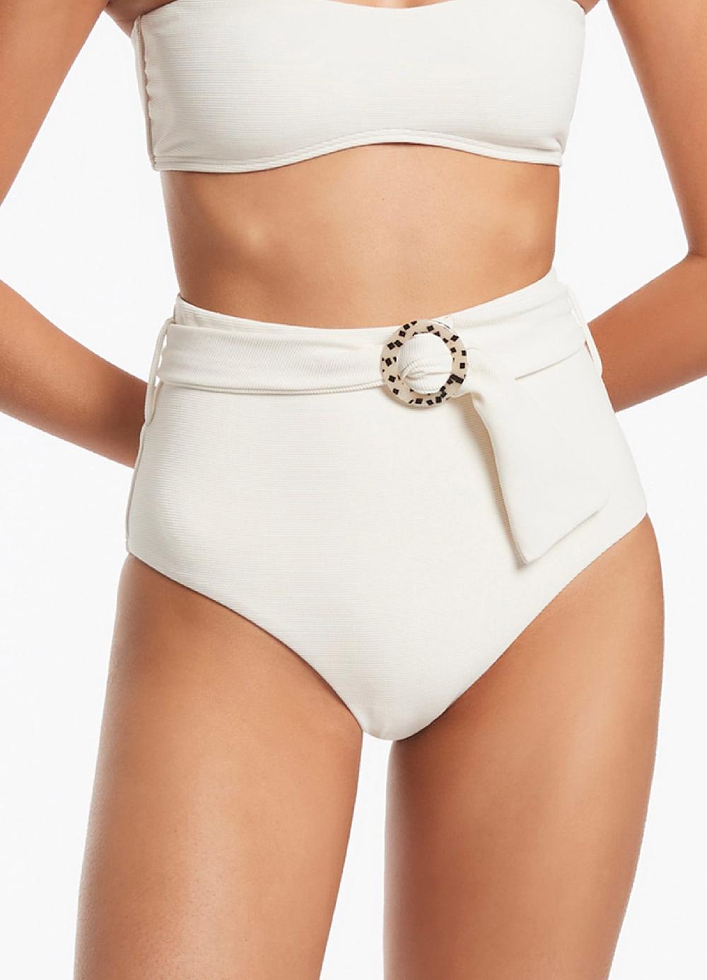 Jets Australia Isla Rib Belted High Waisted Bikini Bottom - Cream