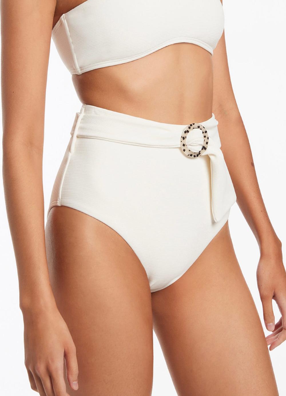 Jets Australia Isla Rib Belted High Waisted Bikini Bottom - Cream