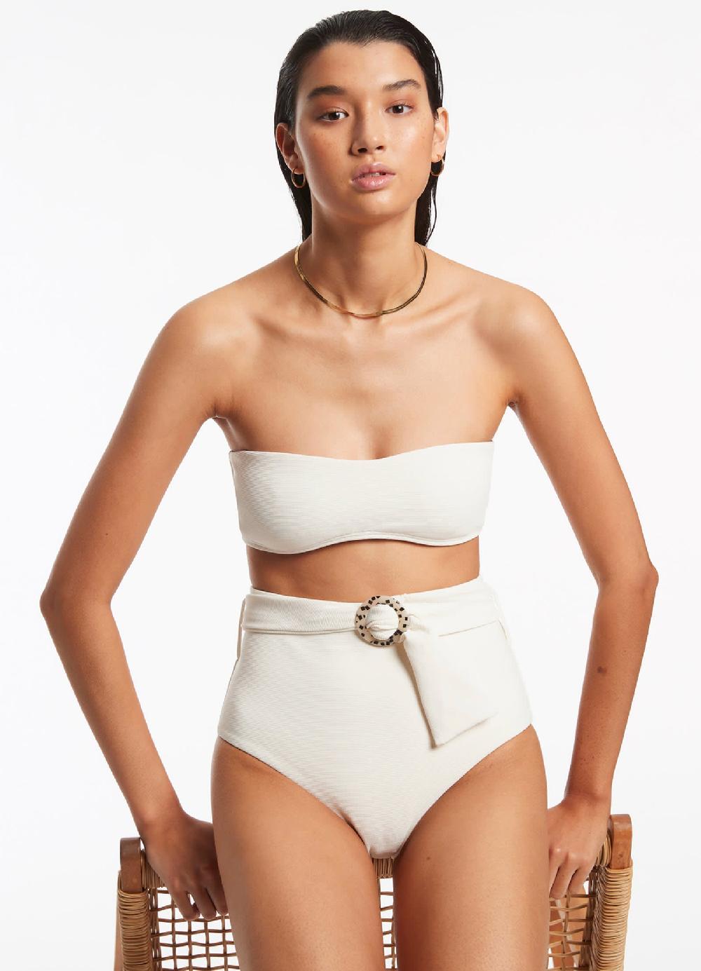 jets australia Isla Rib Belted High Waisted Bikini Bottom - Cream