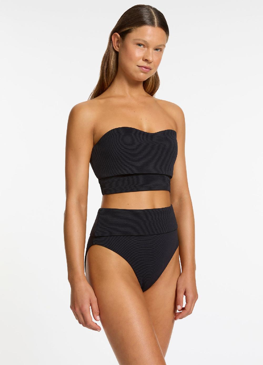 Jets Australia Isla Rib Fold Down High Waisted Bikini Bottom - Black