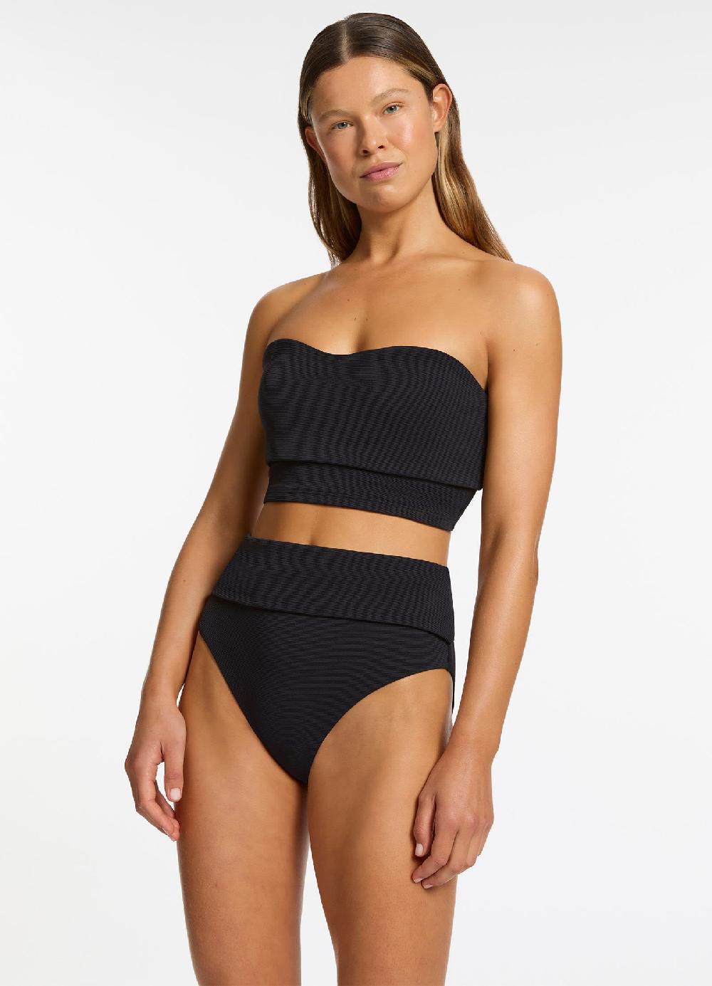 Jets Australia Isla Rib Fold Down High Waisted Bikini Bottom - Black