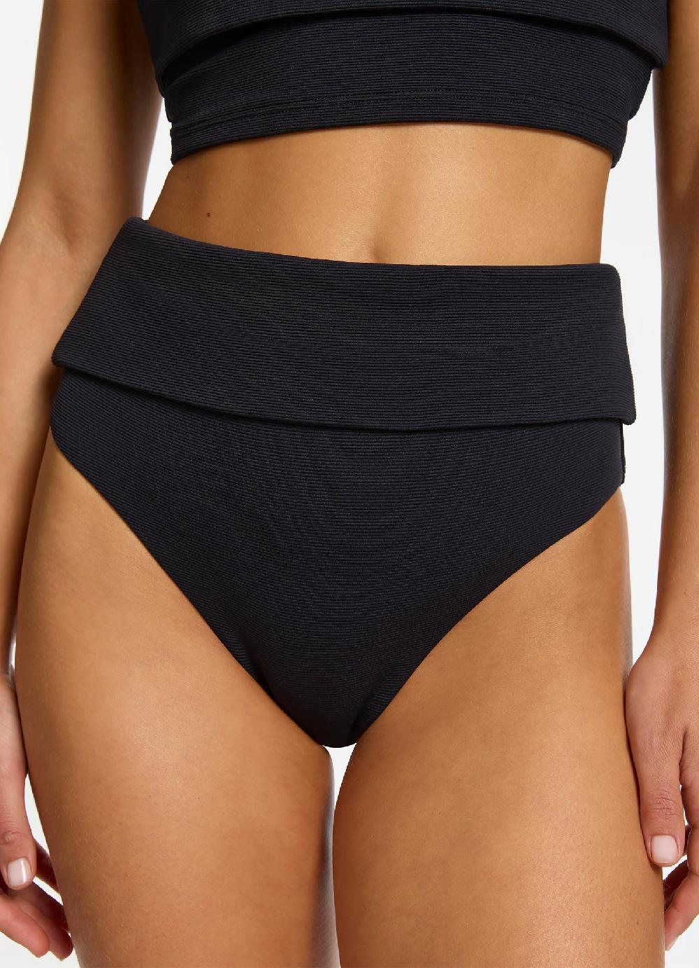 Jets Australia Isla Rib Fold Down High Waisted Bikini Bottom - Black
