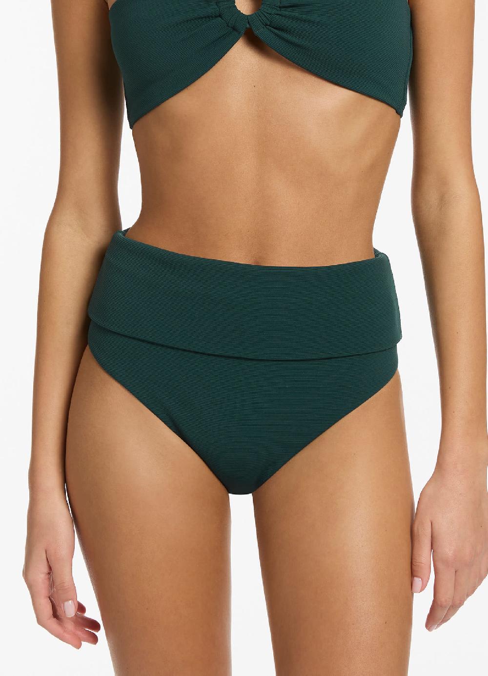 Jets Australia Isla Rib Fold Down High Waisted Bikini Bottom - Forest