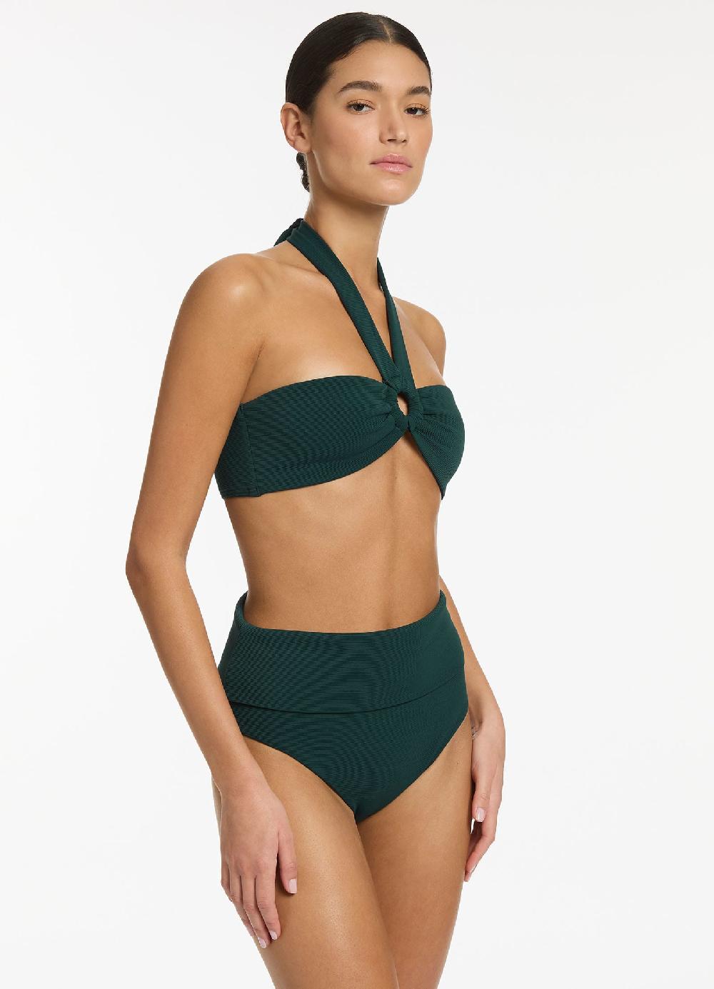 Jets Australia Isla Rib Fold Down High Waisted Bikini Bottom - Forest