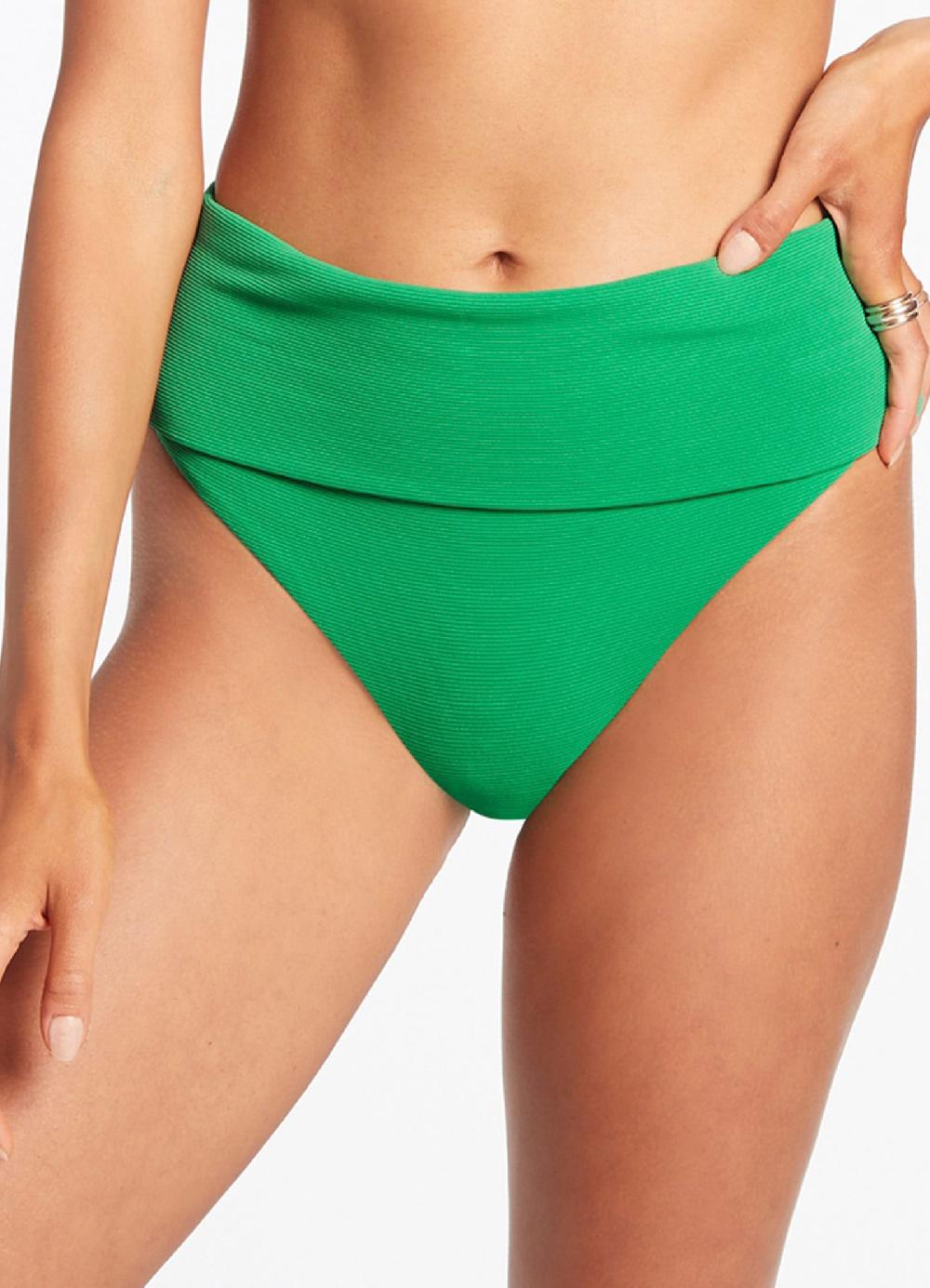 Jets Australia Isla Rib Fold Down High Waisted Bikini Bottom - Green