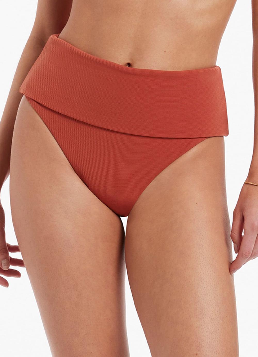 Jets Australia Isla Rib Fold Down High Waisted Bikini Bottom - Russet