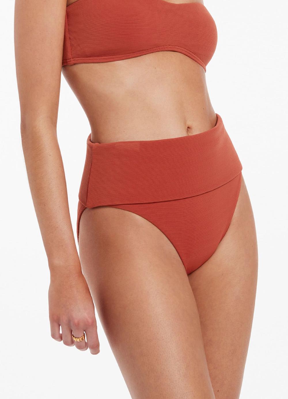 Jets Australia Isla Rib Fold Down High Waisted Bikini Bottom - Russet