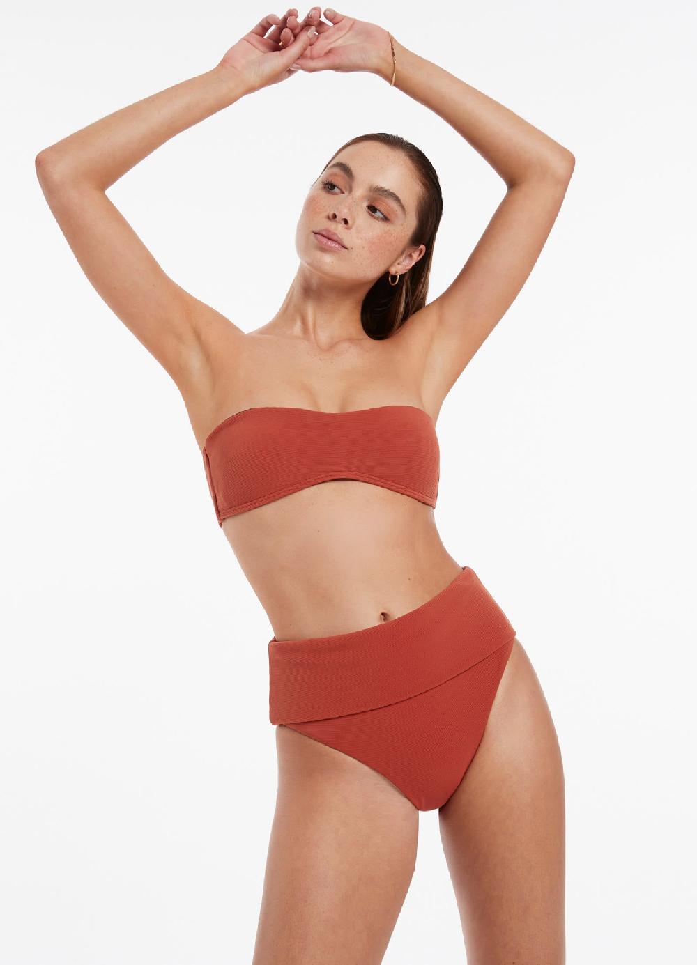 jets australia Isla Rib Fold Down High Waisted Bikini Bottom - Russet