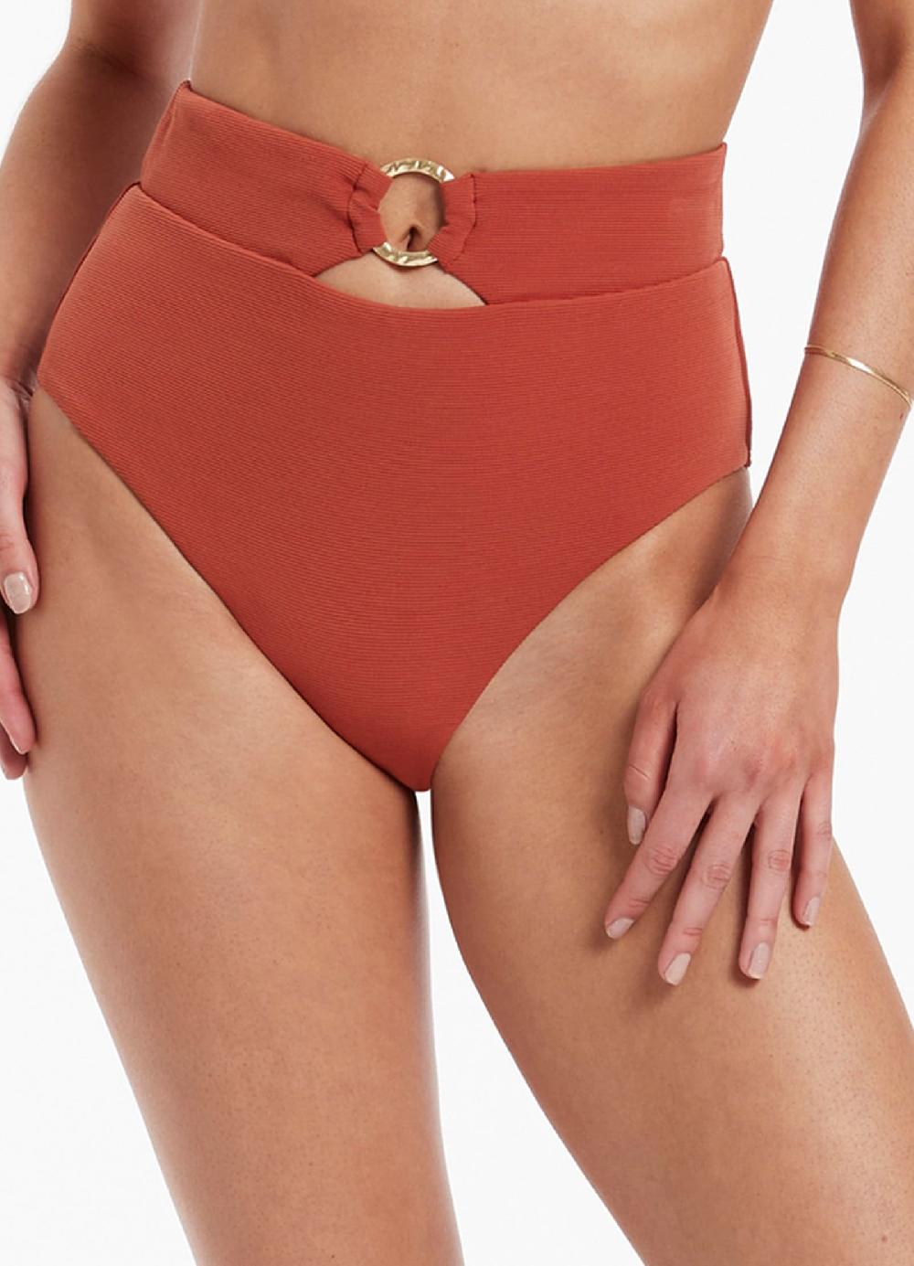 Jets Australia Isla Rib High Waist Trim Bikini Bottom - Russet