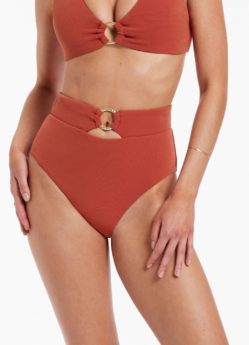 Jets Australia Isla Rib High Waist Trim Bikini Bottom - Russet