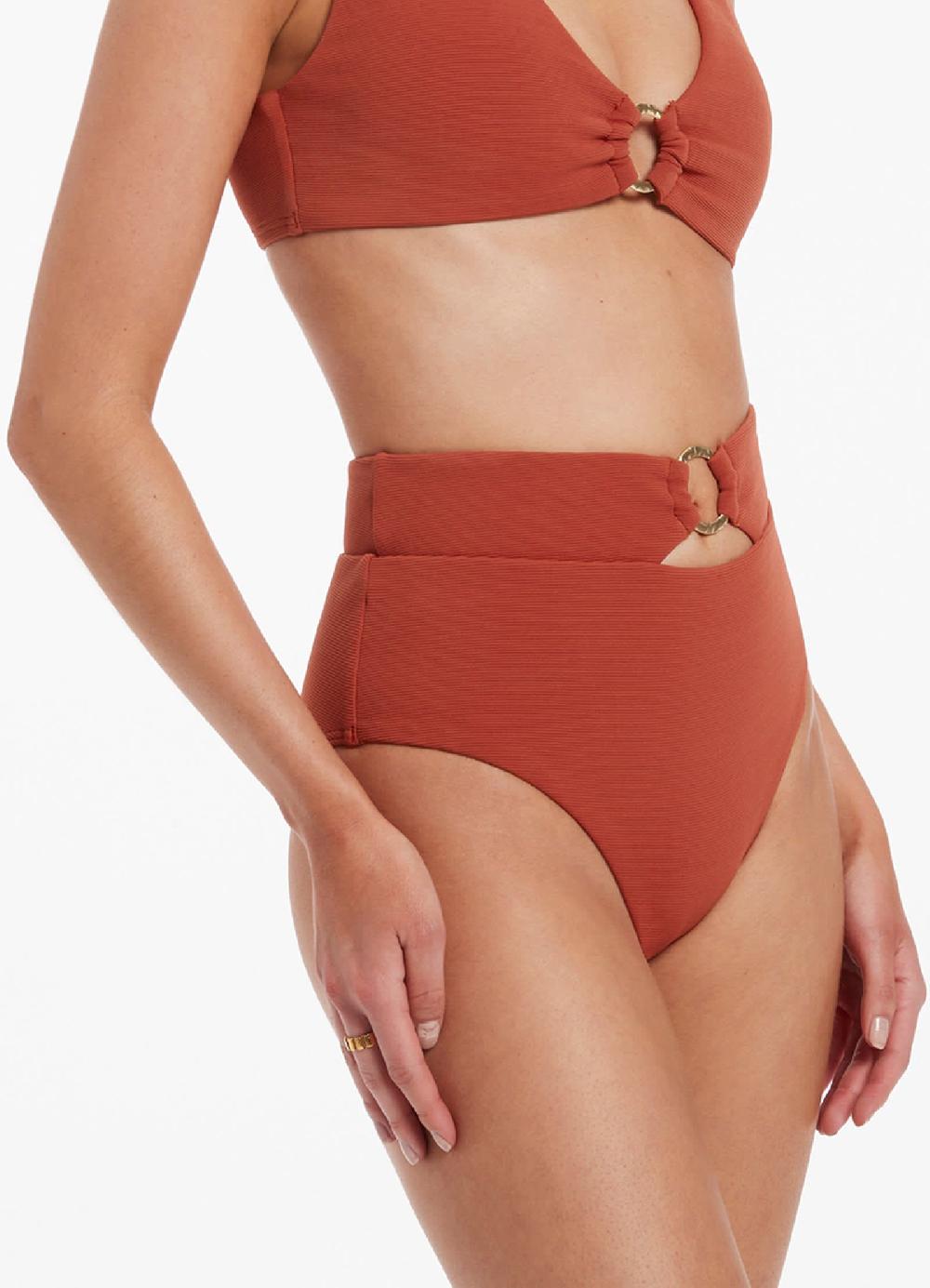 Jets Australia Isla Rib High Waist Trim Bikini Bottom - Russet