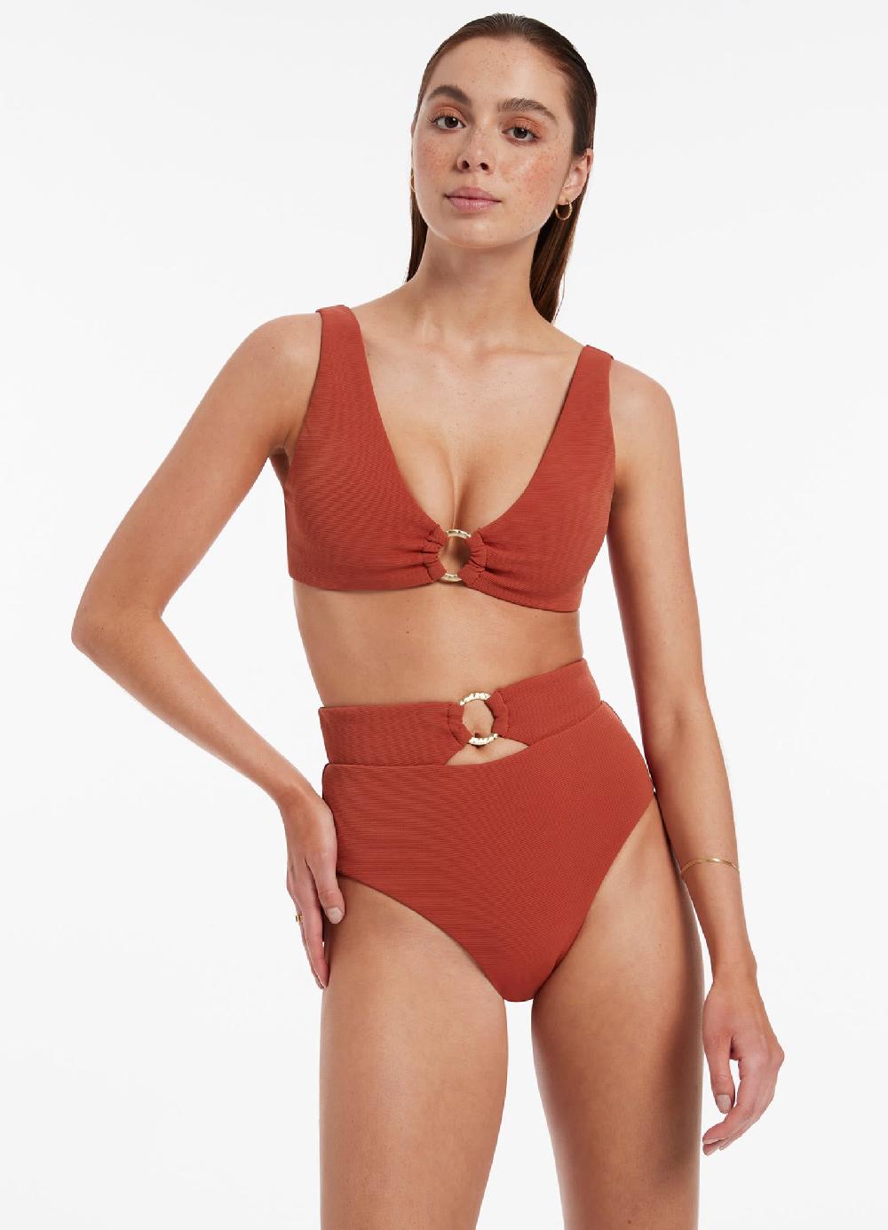 jets australia Isla Rib High Waist Trim Bikini Bottom - Russet