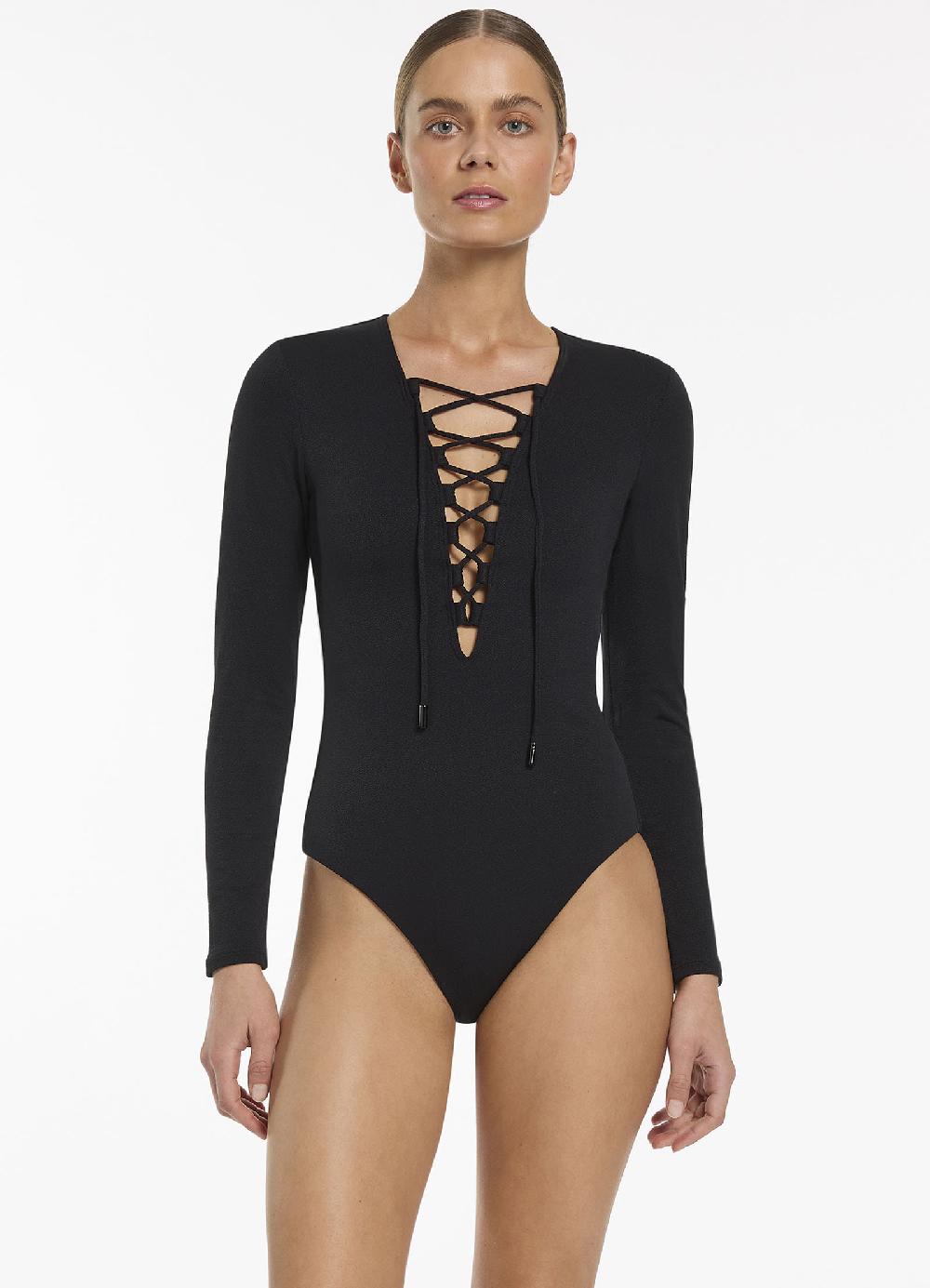 jets australia Joali Tie Front Plunge Surfsuit - Black