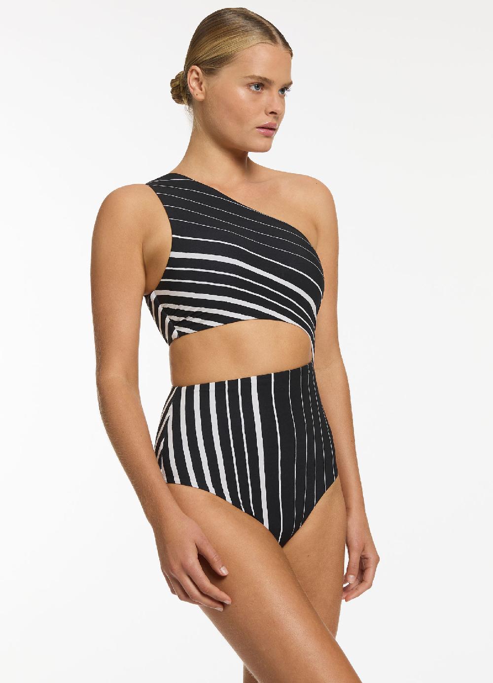 Jets Australia Lunar Stripe One Shoulder Cut Out One Piece - Black/Chalk