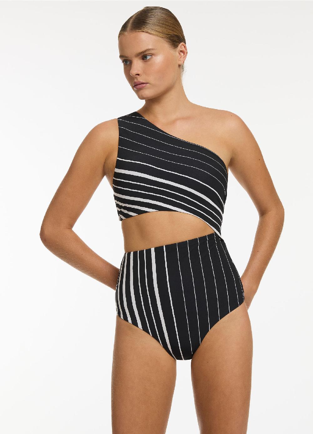 jets australia Lunar Stripe One Shoulder Cut Out One Piece - Black/Chalk
