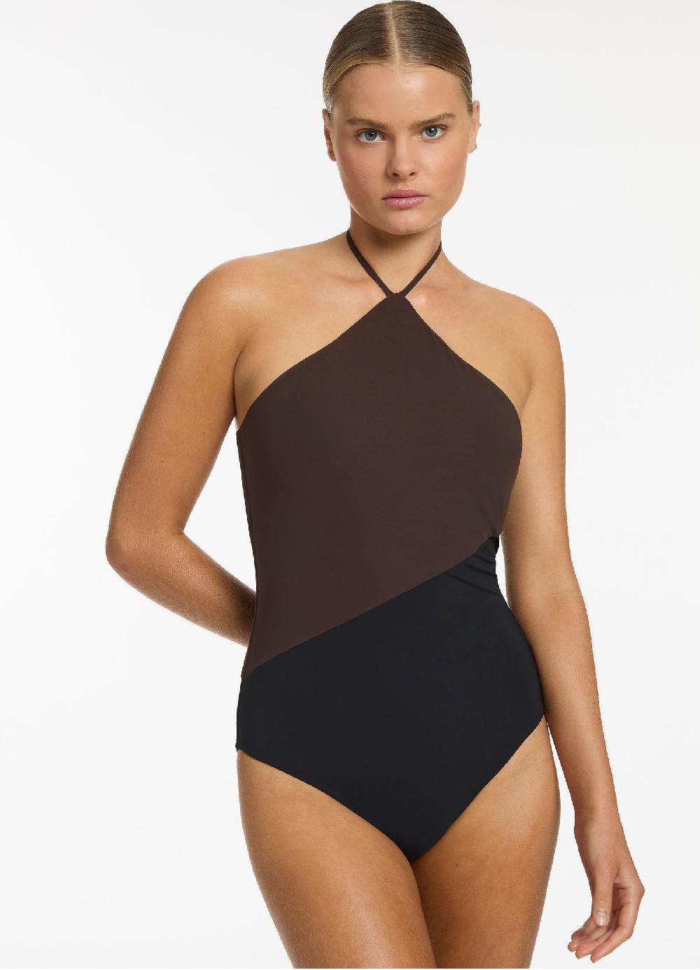 jets australia Versa High Neck Halter One Piece - Black/Chocolate