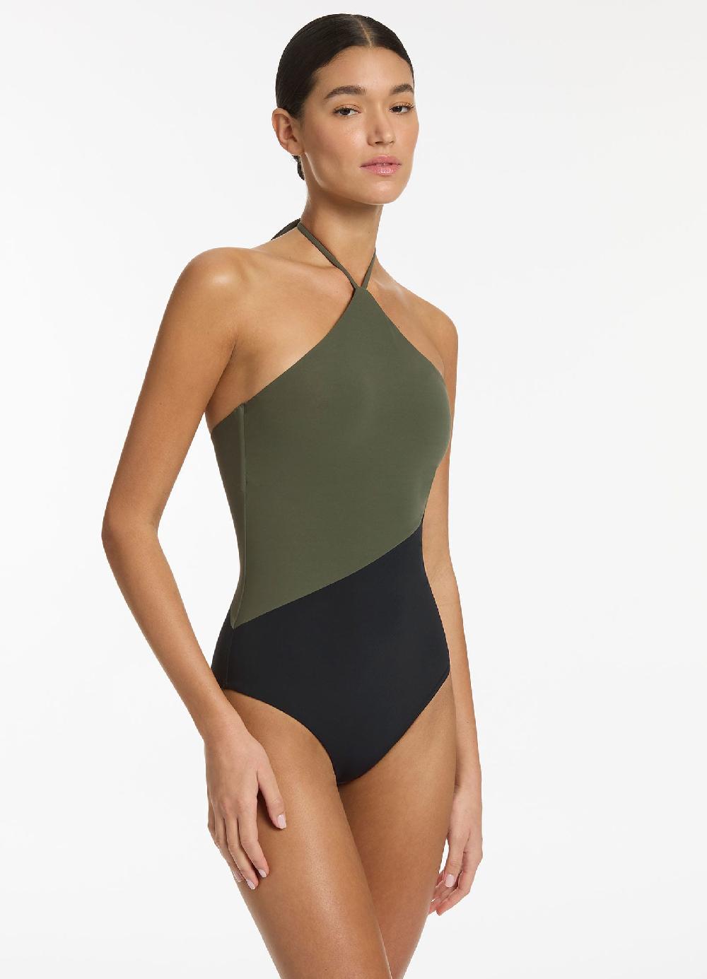 Jets Australia Versa High Neck Halter One Piece - Olive/Black