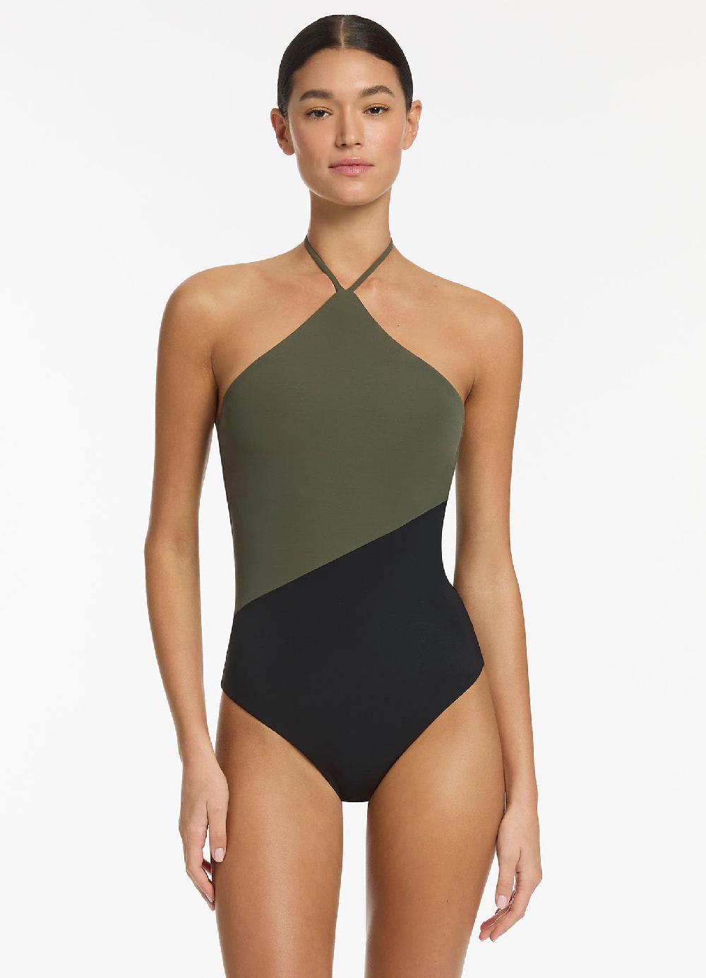 jets australia Versa High Neck Halter One Piece - Olive/Black