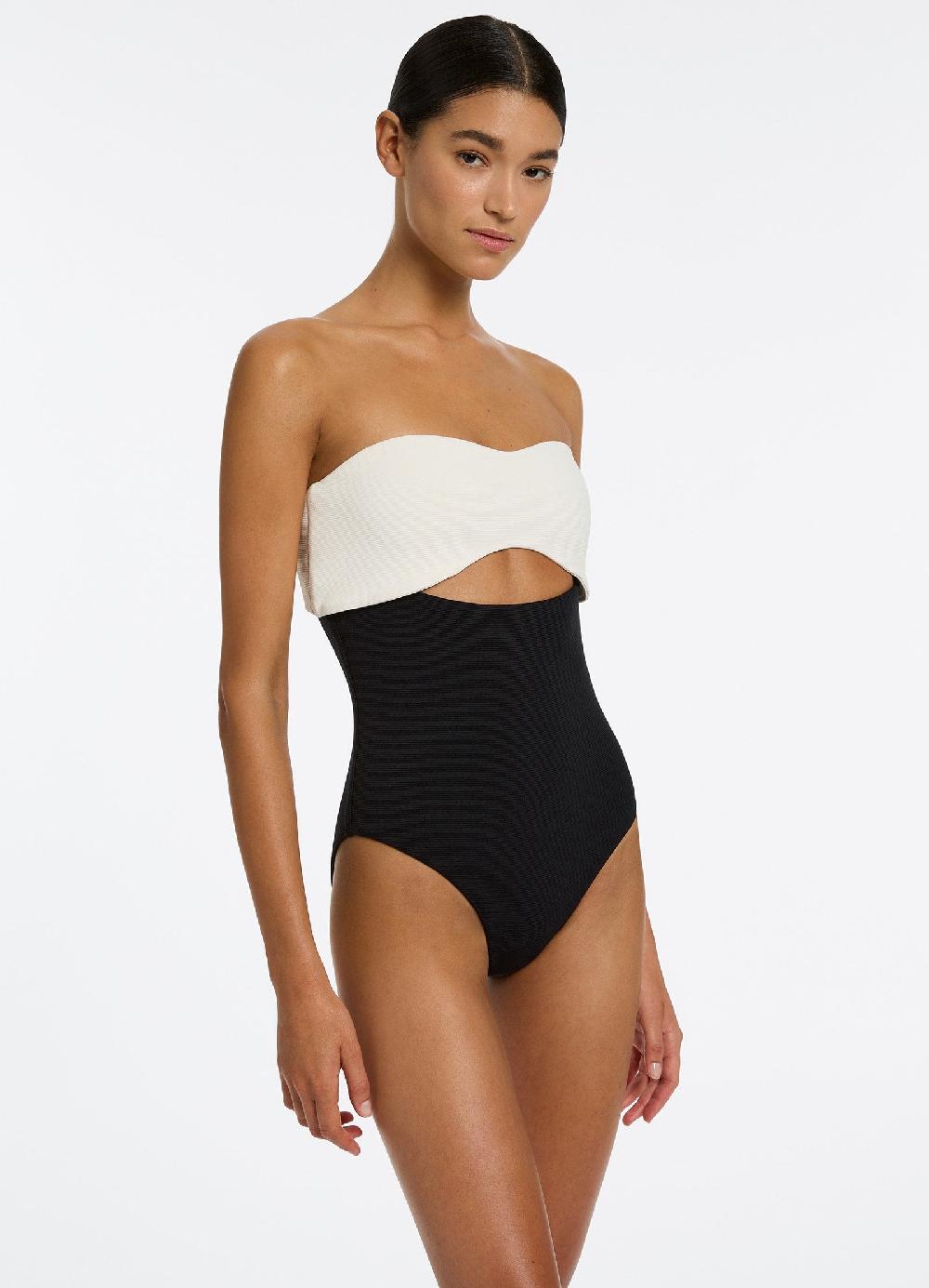 Jets Australia Versa Rib Cut Out Bandeau One Piece - Black/Cream