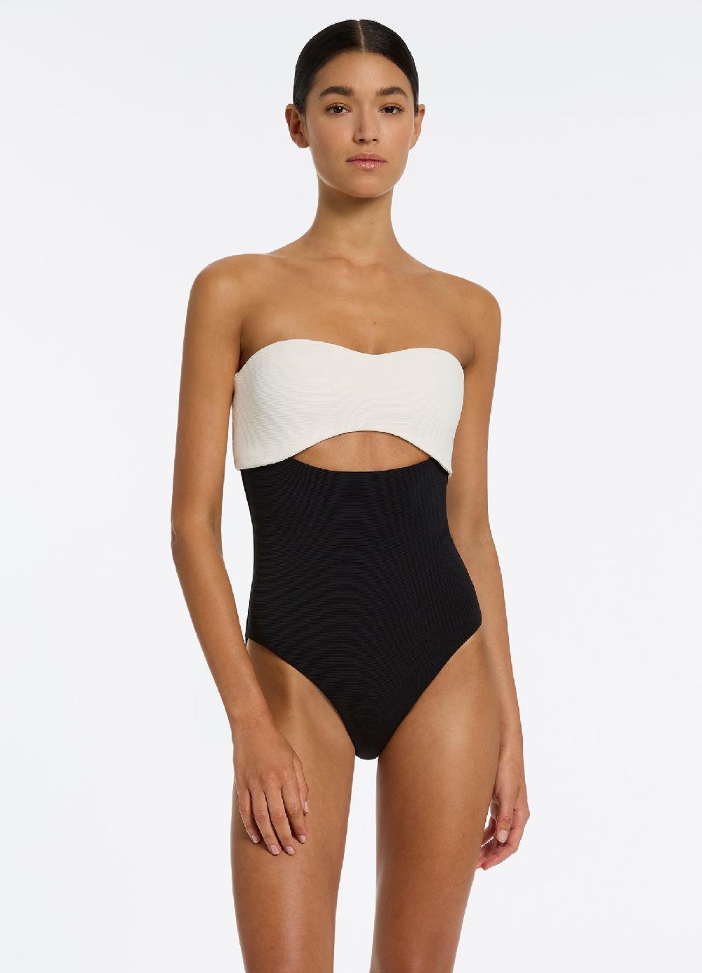 jets australia Versa Rib Cut Out Bandeau One Piece - Black/Cream