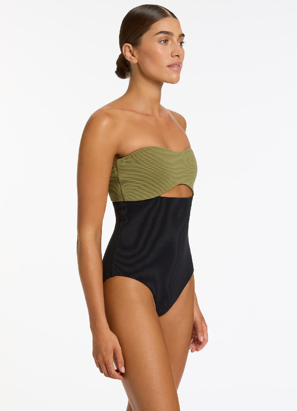 Jets Australia Versa Rib Cut Out Bandeau One Piece - Black/Moss