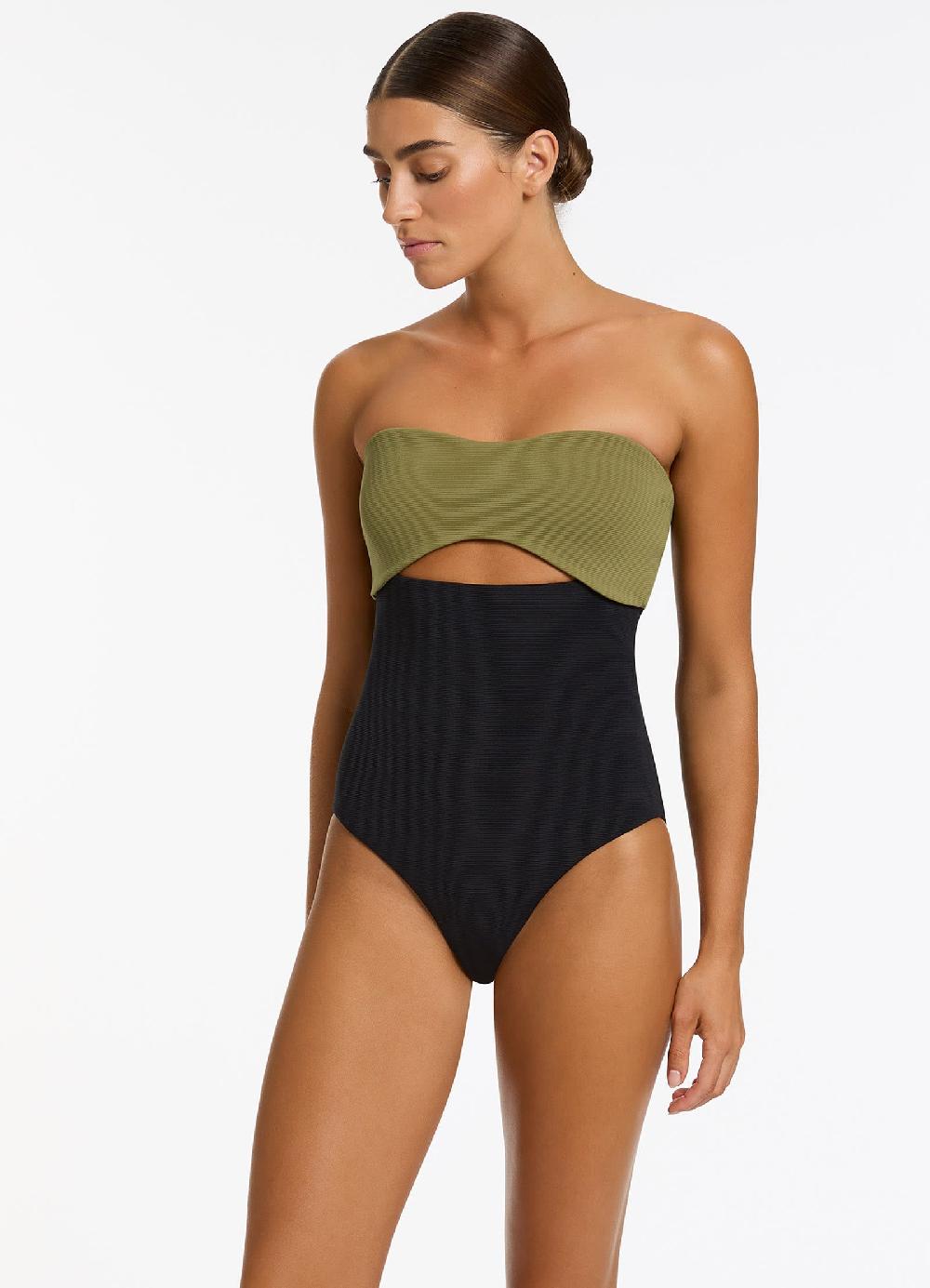 jets australia Versa Rib Cut Out Bandeau One Piece - Black/Moss
