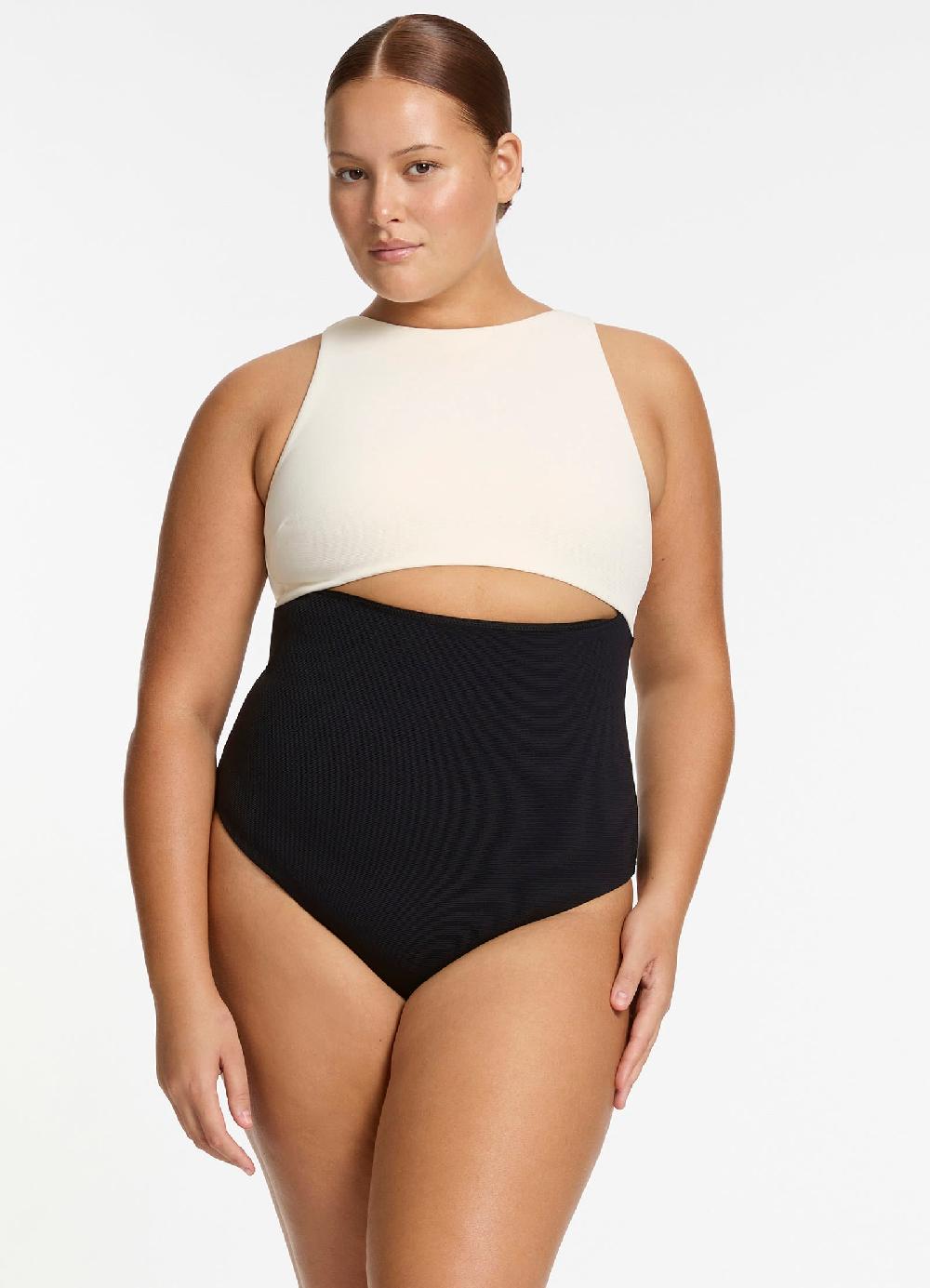 Jets Australia Versa Rib Cut Out High Neck One Piece - Black/Cream