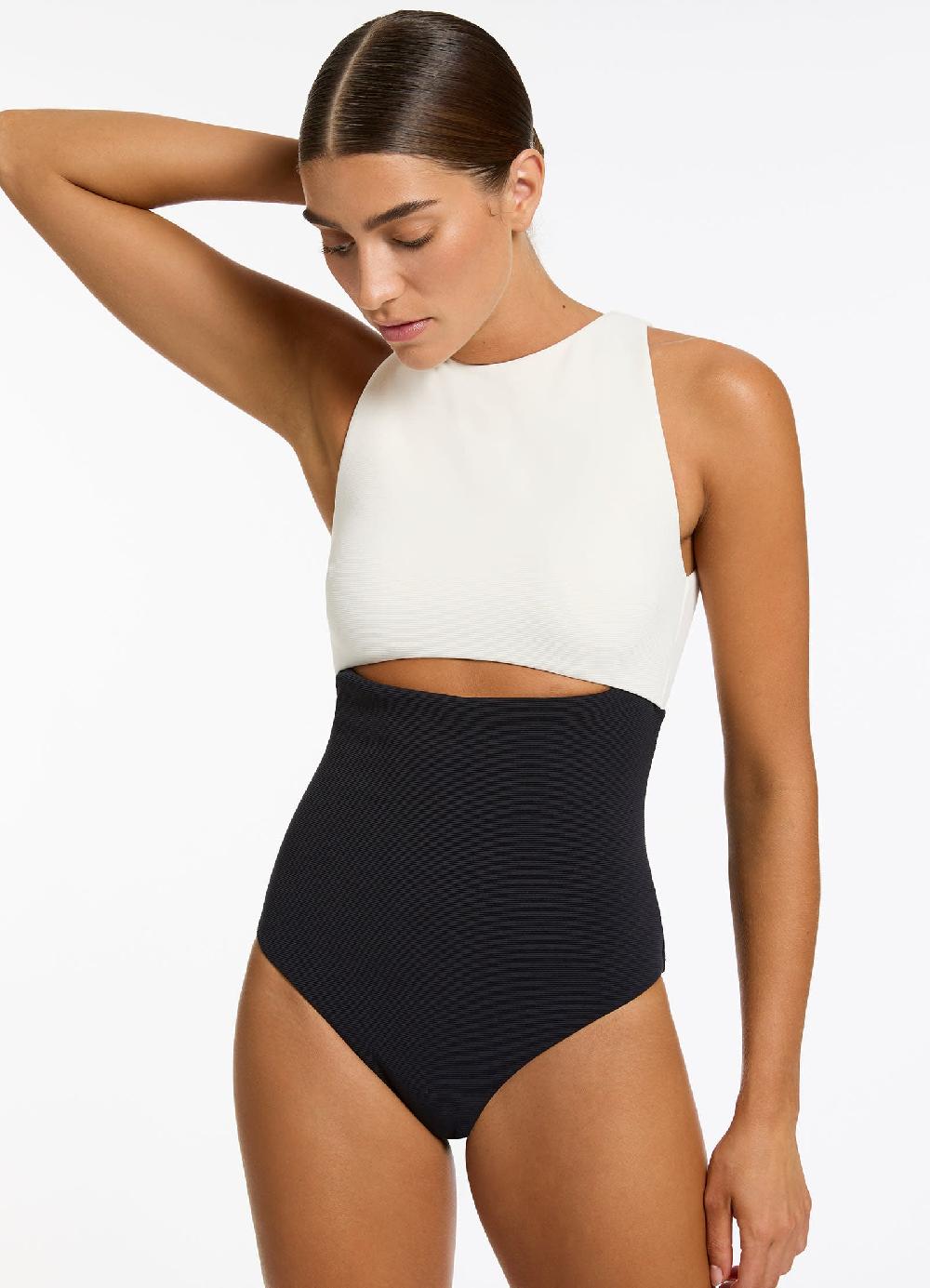 Jets Australia Versa Rib Cut Out High Neck One Piece - Black/Cream