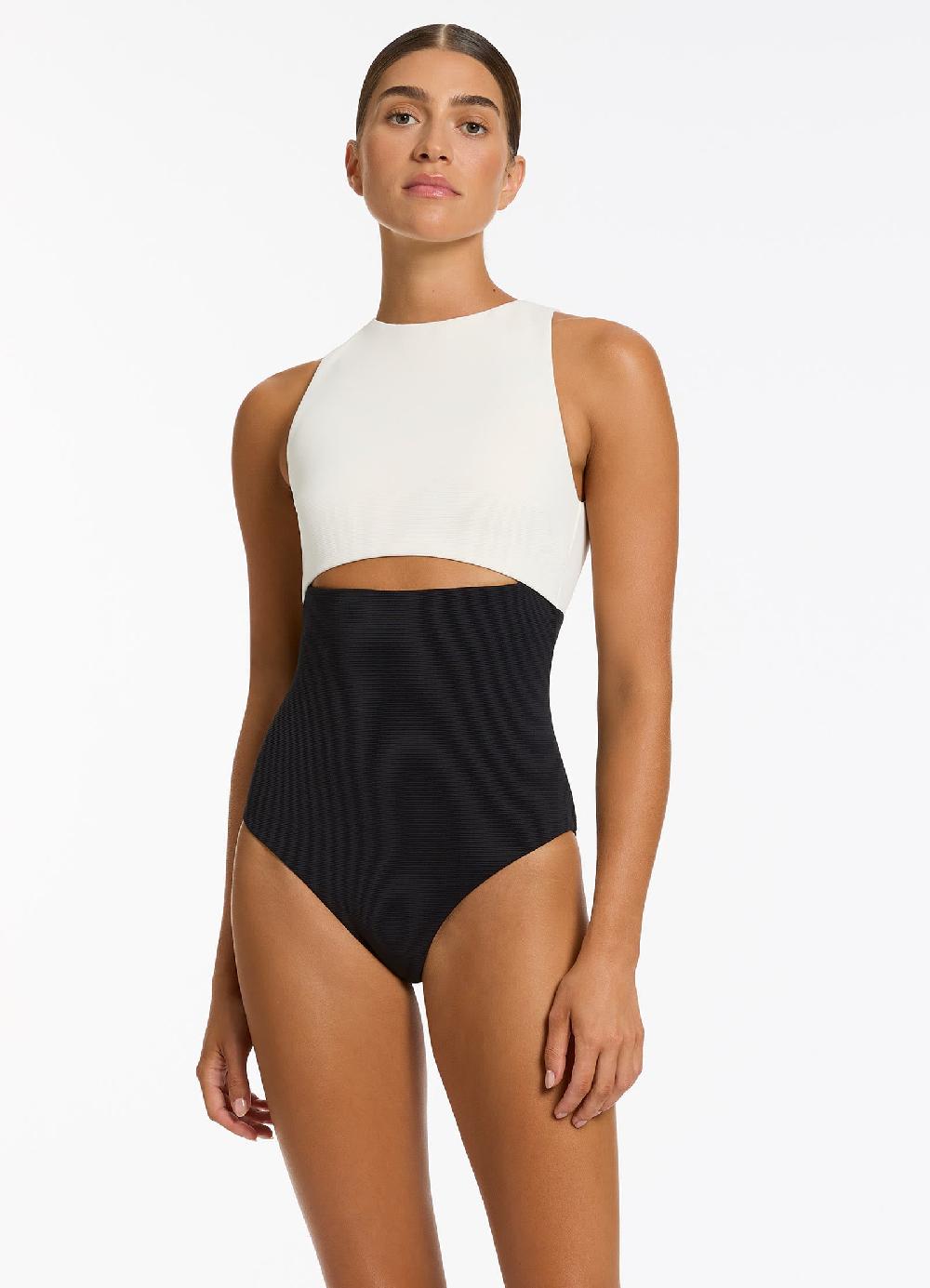 jets australia Versa Rib Cut Out High Neck One Piece - Black/Cream