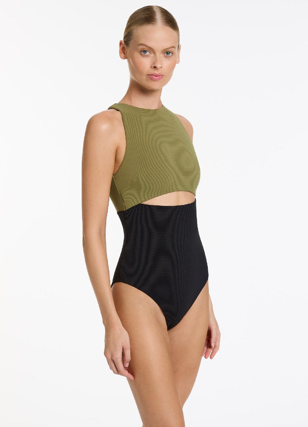 Jets Australia Versa Rib Cut Out High Neck One Piece - Black/Moss