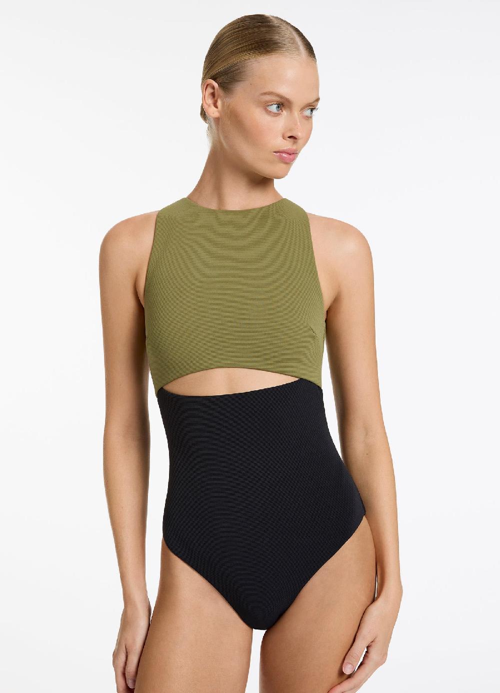 jets australia Versa Rib Cut Out High Neck One Piece - Black/Moss
