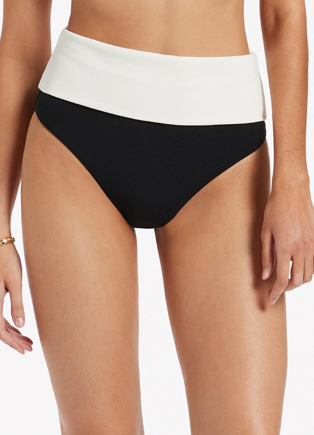 Jets Australia Versa Rib Fold Down High Waisted Bikini Bottom - Black/Cream