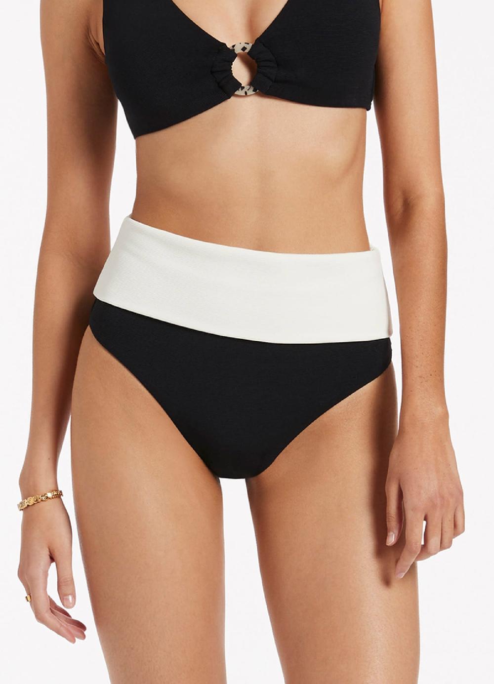 Jets Australia Versa Rib Fold Down High Waisted Bikini Bottom - Black/Cream