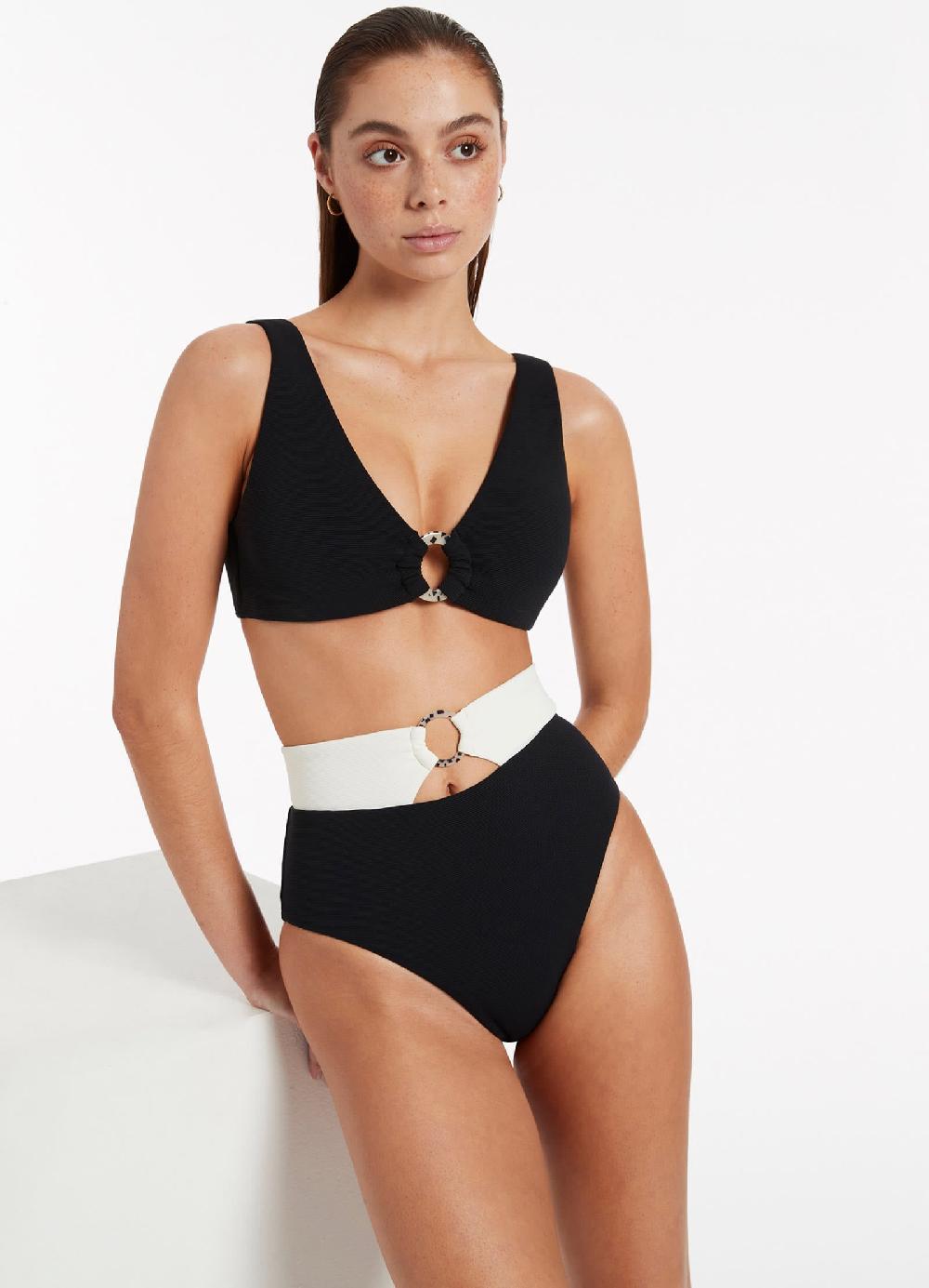 jets australia Versa Rib High Waist Bikini Bottom - Black/Cream