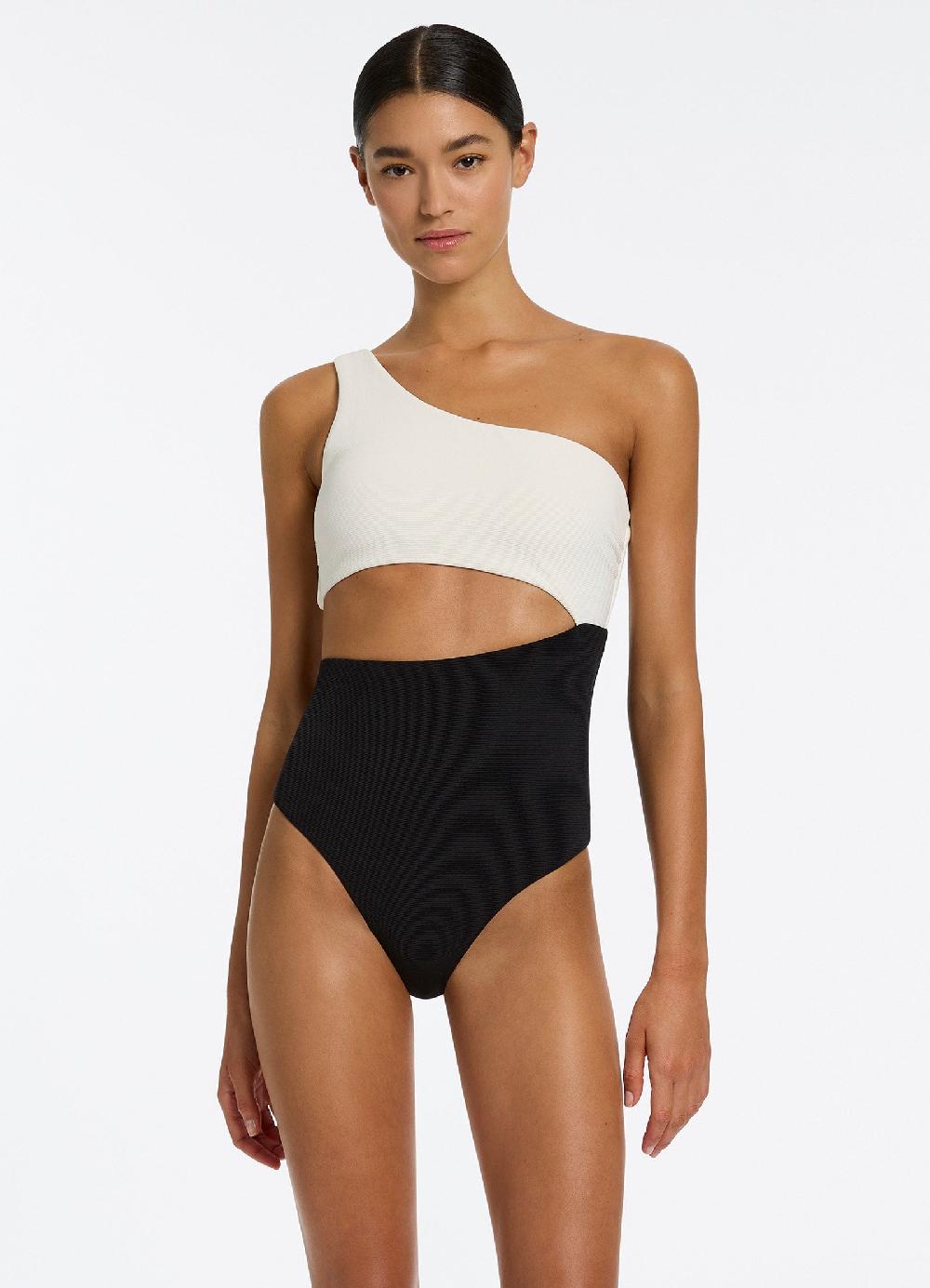 jets australia Versa Rib One Shoulder One Piece - Black/Cream