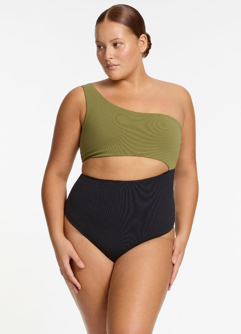 Jets Australia Versa Rib One Shoulder One Piece - Black/Moss