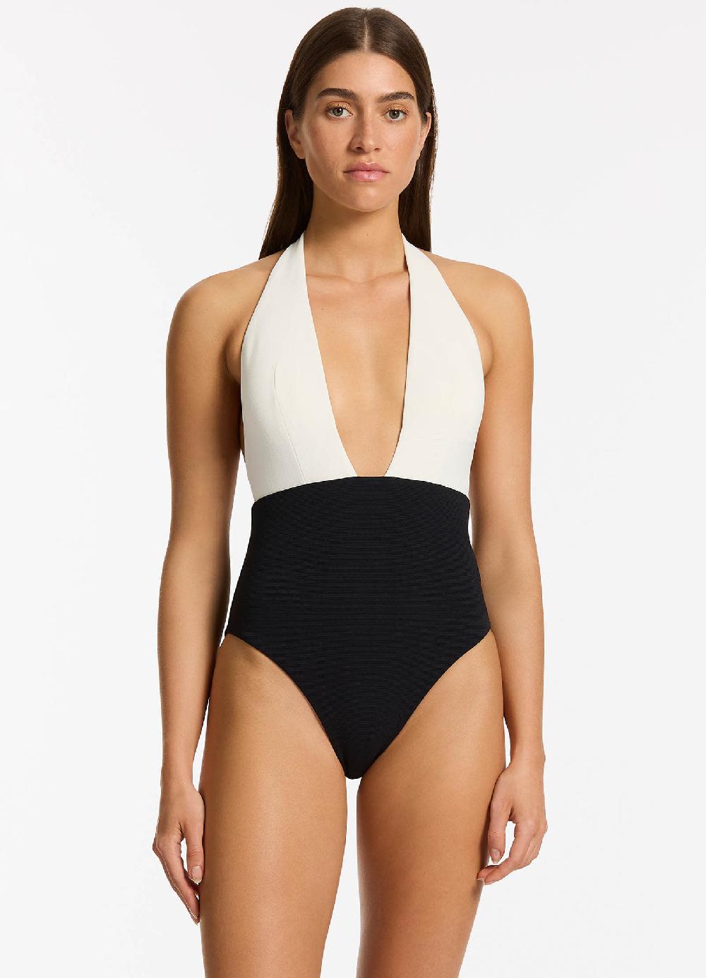 Jets Australia Versa Rib Plunge One Piece - Black/Cream