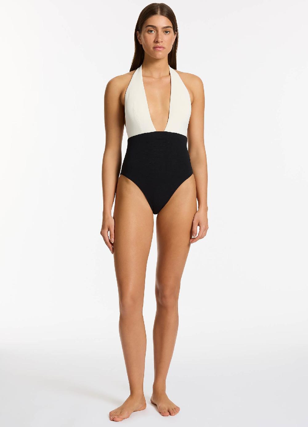 jets australia Versa Rib Plunge One Piece - Black/Cream