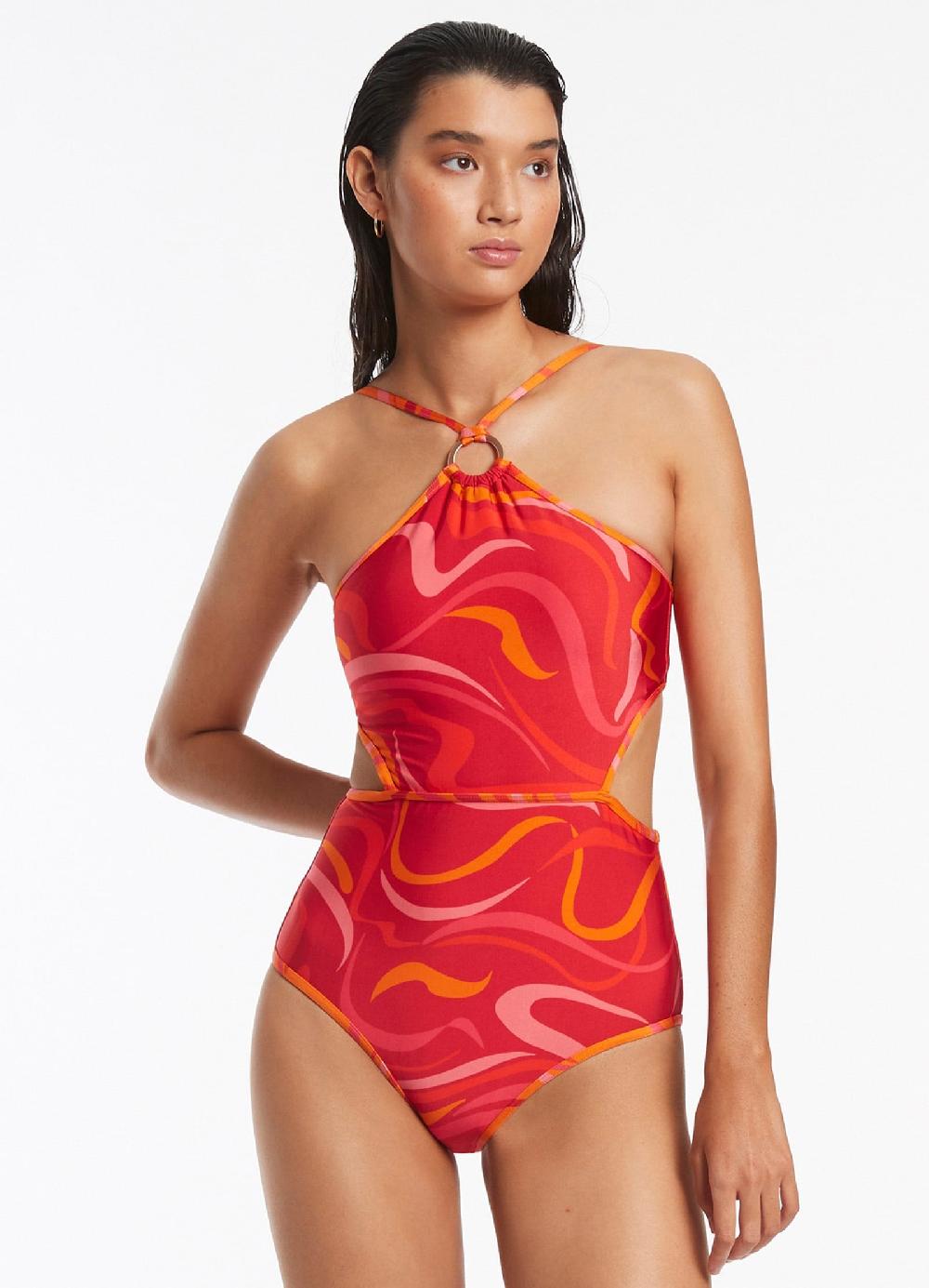 Jets Australia Vortici High Neck Trim One Piece - Cherry