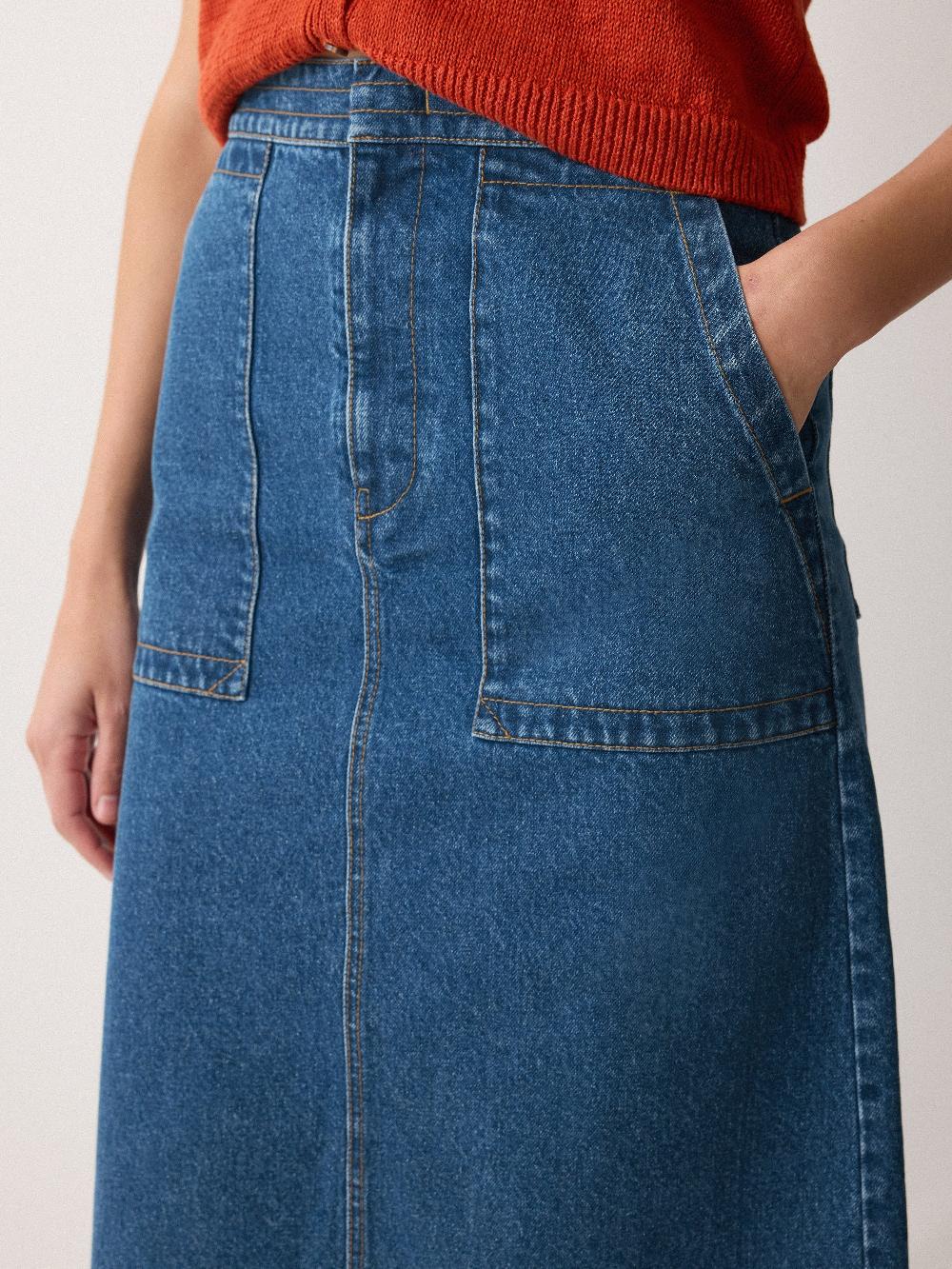 Jigsaw Denim Patch Pocket Midi Skirt Vintage Mid Blue