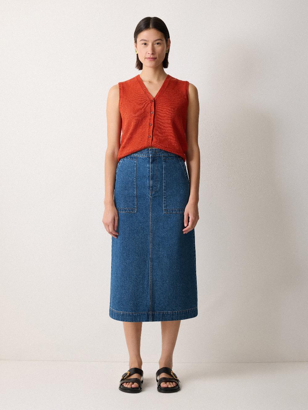 Jigsaw Denim Patch Pocket Midi Skirt Vintage Mid Blue