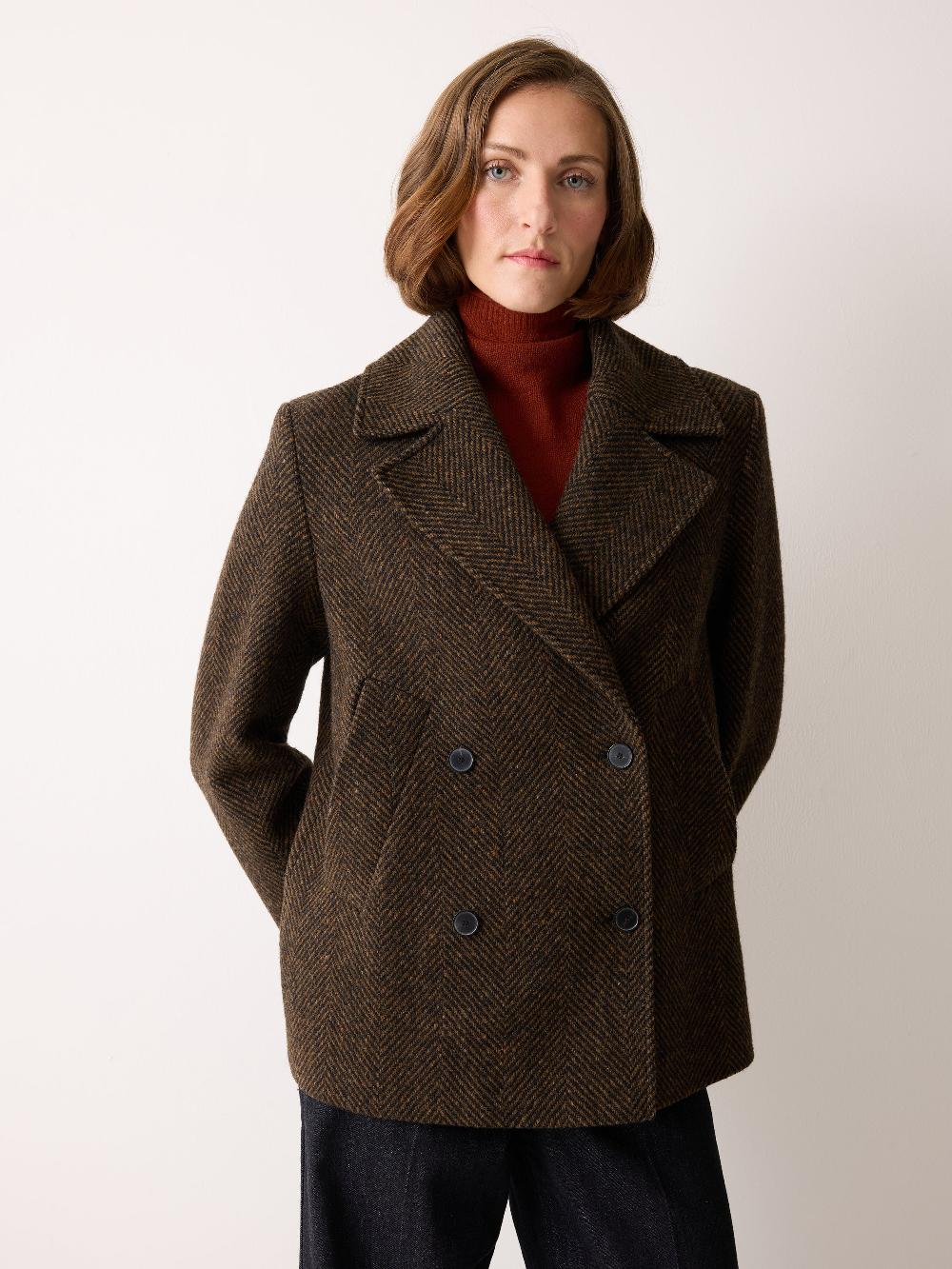 Jigsaw Alba Wool Herringbone Pea Coat Brown