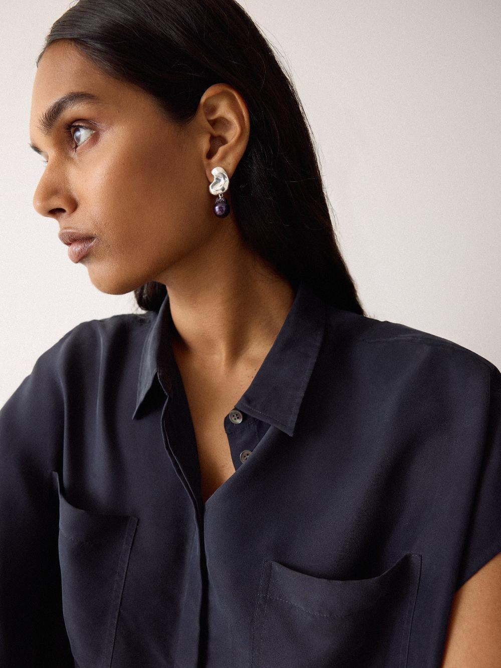 jigsaw Black Pearl Stud Earring SILVER