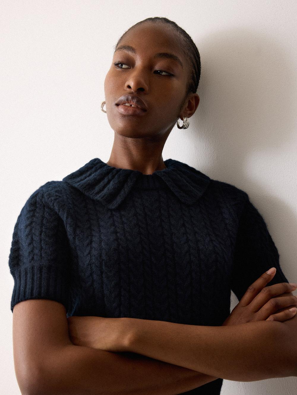 Jigsaw Cable Knit Collar T-Shirt Navy